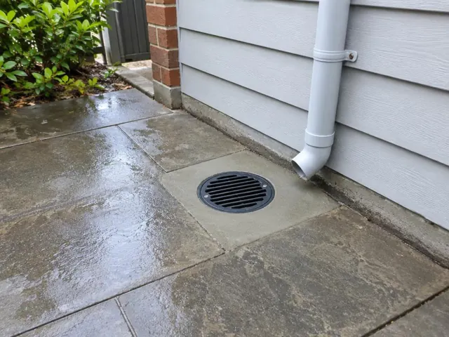 Clean round outdoor drain grate beside wet paved patio and house wall in Concord
