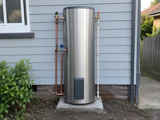 Stainless steel hot water cylinder beside a grey weatherboard wall on a small concrete slab in Croydon